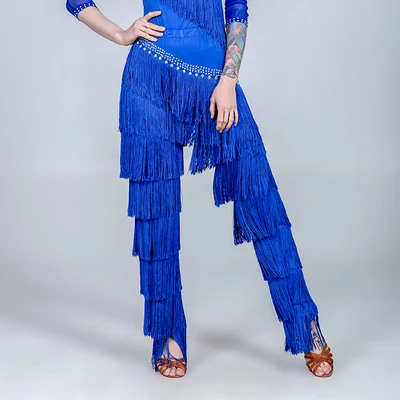 Blue Pants Костюмы для латинских танцев, рубашка или брюки или комплект, женское платье для латинских танцев, сальса, стандартные танцевальные брюки, 5 вариантов, D0717, с кисточками, стразы - Цвет: Blue Pants