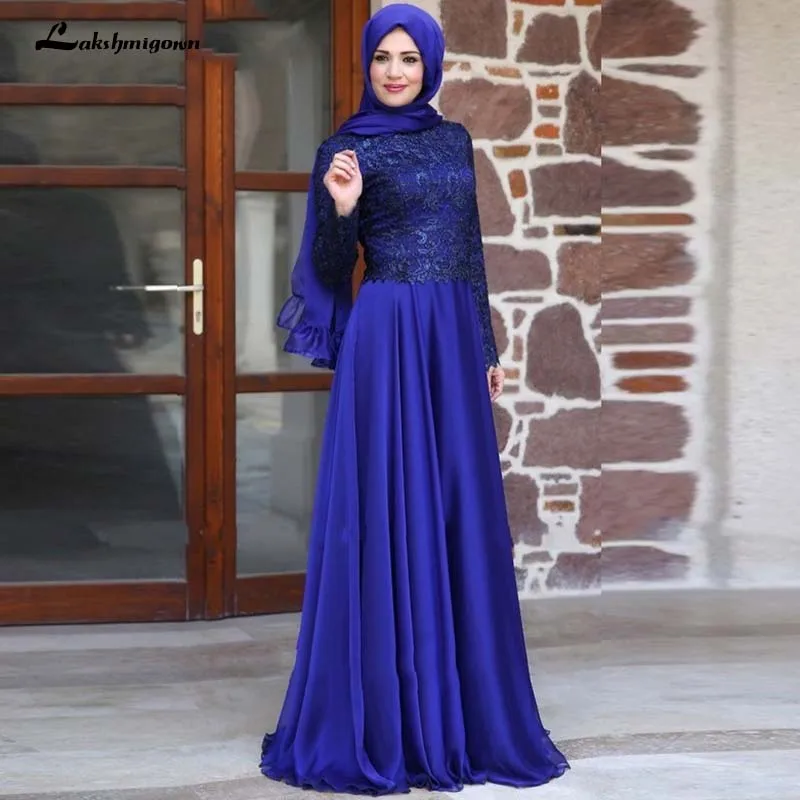 

Elegant Royal blue Long Sleeves Muslim Evening Dress Lace in Dubai Abaya Kaftan Dresses Arabic Islamic Evening Dresses