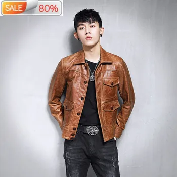 

Genuine Vintage Real Cow Leather Jacket Short Spring Autumn Luxury Coat Men Motorcycle Jackets 19-09 B2321A