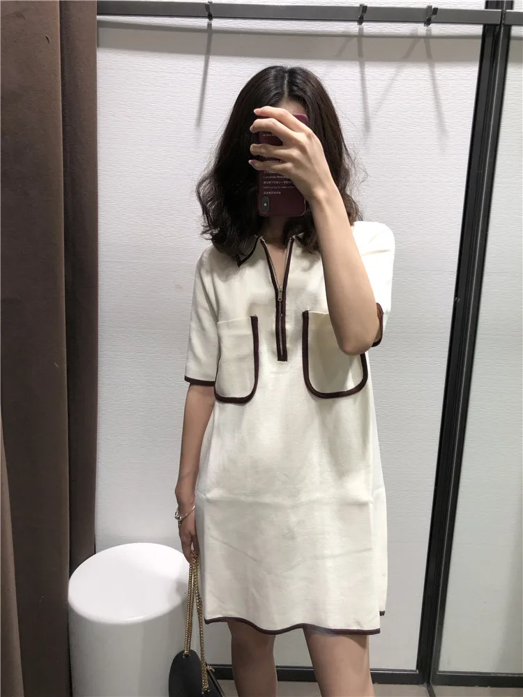 

TMODA001 Women Brief Design Color Contrast Edge Double Pockets Deco Short Sleeve Knitted Dress Ladies Match All Sweater Dresses
