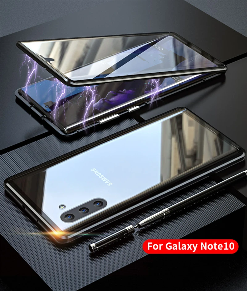 Магнитный чехол для samsung Galaxy Note 10 pro 10+ чехол 360 двухсторонний чехол из закаленного стекла для samsung Note 10 Pro металлический чехол