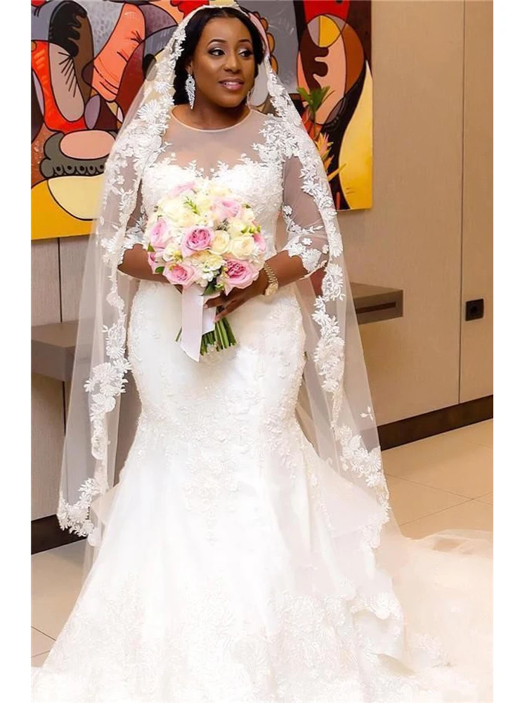 vestido de casament African Mermaid Plus Size Lace Appliqued Wedding Dresses 2020 Illusion 34 Sleeves Ruffled Train Bride Dress (3)