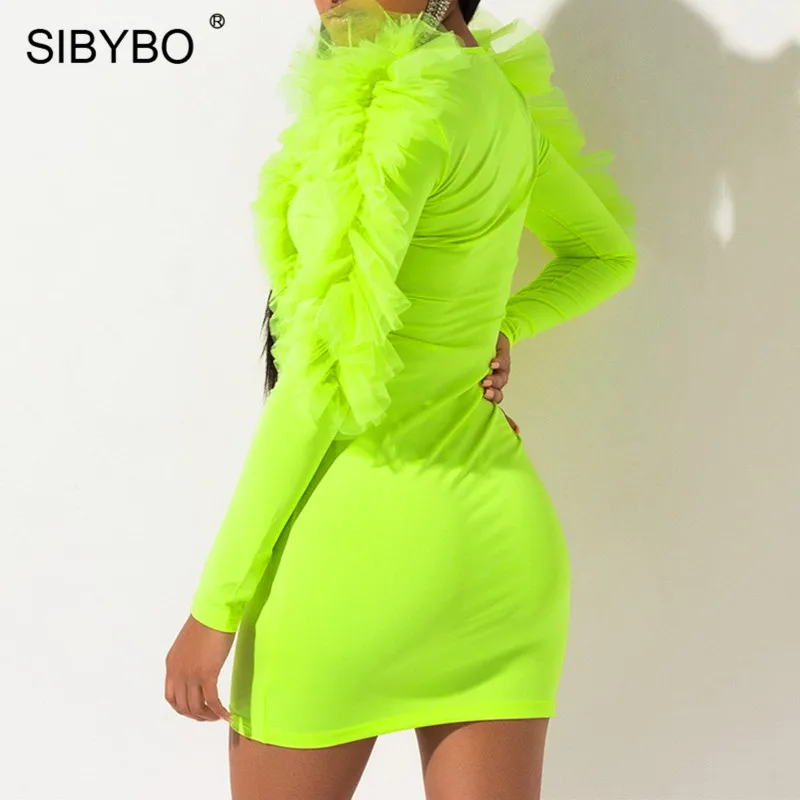 SIBYBO Ruffles Mesh Spliced Sexy Bodycon Dress Long Sleeve Mini Autumn Dress Women V-Neck Leopard Print Elegant Party Dress