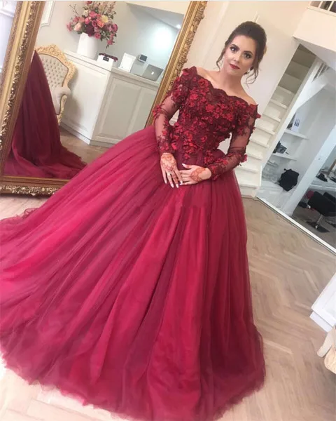 Vestidos De Fiesta, бальное платье с открытыми плечами, бальное платье, бальное платье высокого качества, бордовое длинное Тюлевое платье с цветами ручной работы