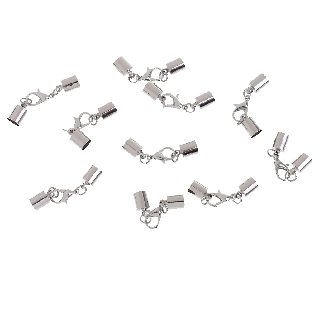10 Pieces Silver Leather Cord Bracelet Lobster Clasps Hooks 6mm Crimps End Tip Caps Connectors for Jewelry Making Findings