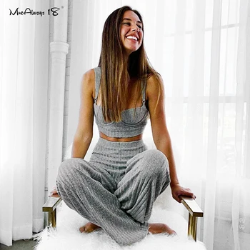 

Mnealways18 Casual Two Piece Sets Knitted Suit Sport Outfit Gray White Summer 2 Piece Set Women Tank Top And Wide Leg Pants Set