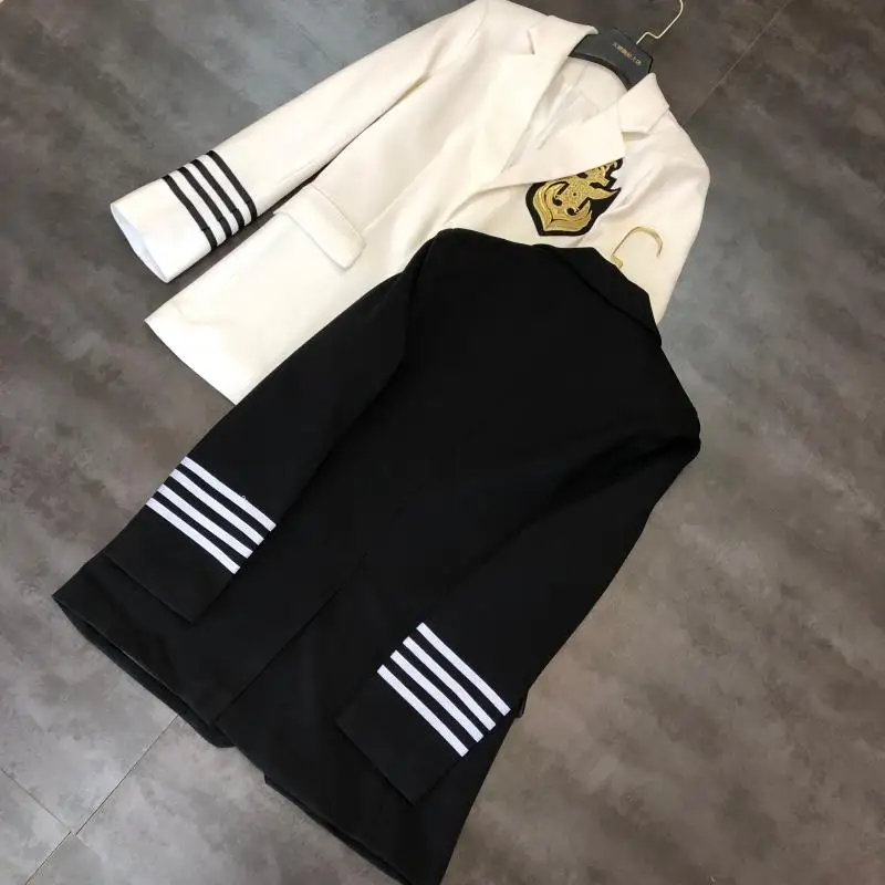 Осень темно-синий вышивка три бар манжеты костюм куртка Женский красивый Блейзер Костюм жакет Женская верхняя одежда