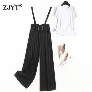 

Two Piece Set Top and Pants Spring Summer Women 2020 New Elegant Lady Work Outfits White Top+Striped Trousers Suit Matching Sets
