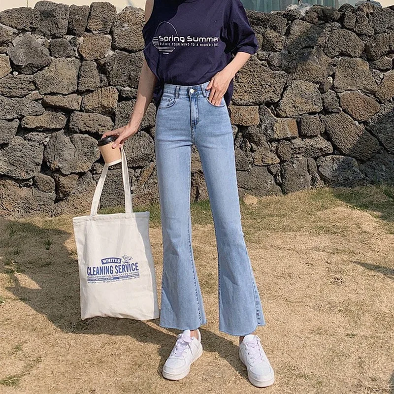 Summer Autumn High Waist Stretchable Ankle Lenght Flare Jeans Women Casual Streetwear Pale Blue Slim Micro Flare Denim Pants blue jeans for women s denim pants autumn wear high waisted straight micro flared pants floor mop wide leg pants