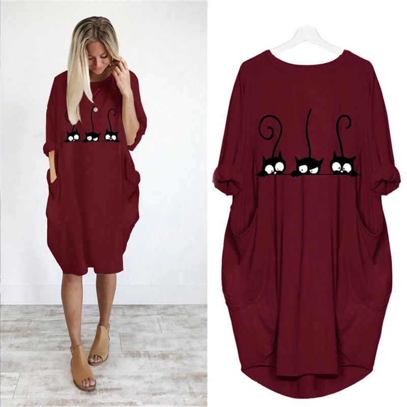 

2019 Cute Cat Printing Dress Pocket Loose Dress Vintage Fall Maxi Clothes Woman Casual Dresses Party Women Dresses Plus Size New