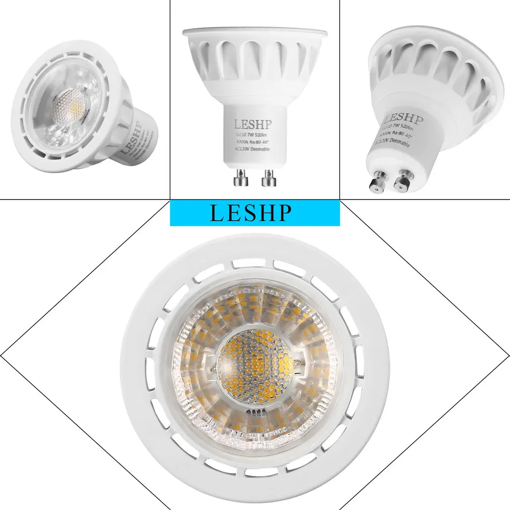 LESHP White GU10 AC120V 7W LED Spotlight 4000K 520LM Dimmable 40 Degree Beam Angle Low Power Consumption Compact Light Weight