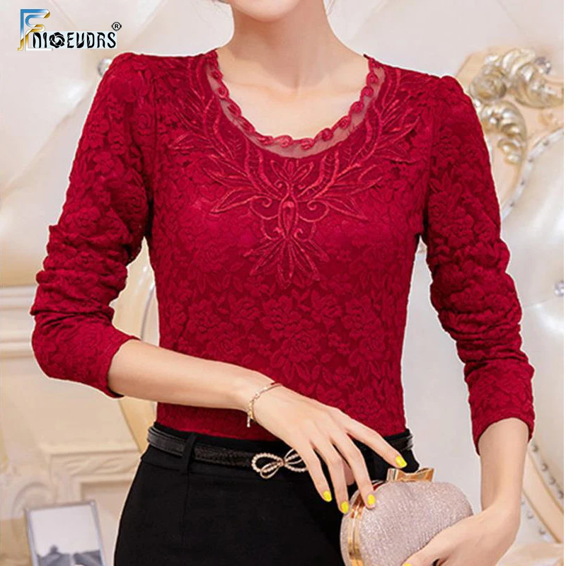  Winter Basic Shirts Blouses Warm velour Inside Women Lace Hollow Out Fashion Long Sleeve Slim Fit V