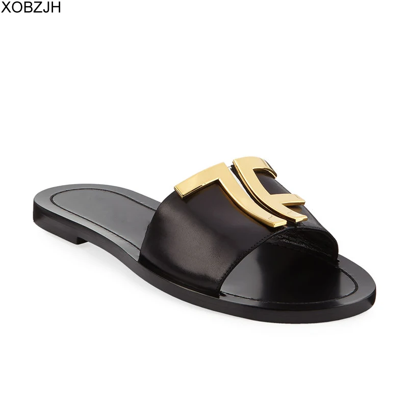 

Italian luxury summer Flat Sandals women Designers 2019 Black Brand Logo Sandals Genuine Leather Slippers Shoes Woman G sandals