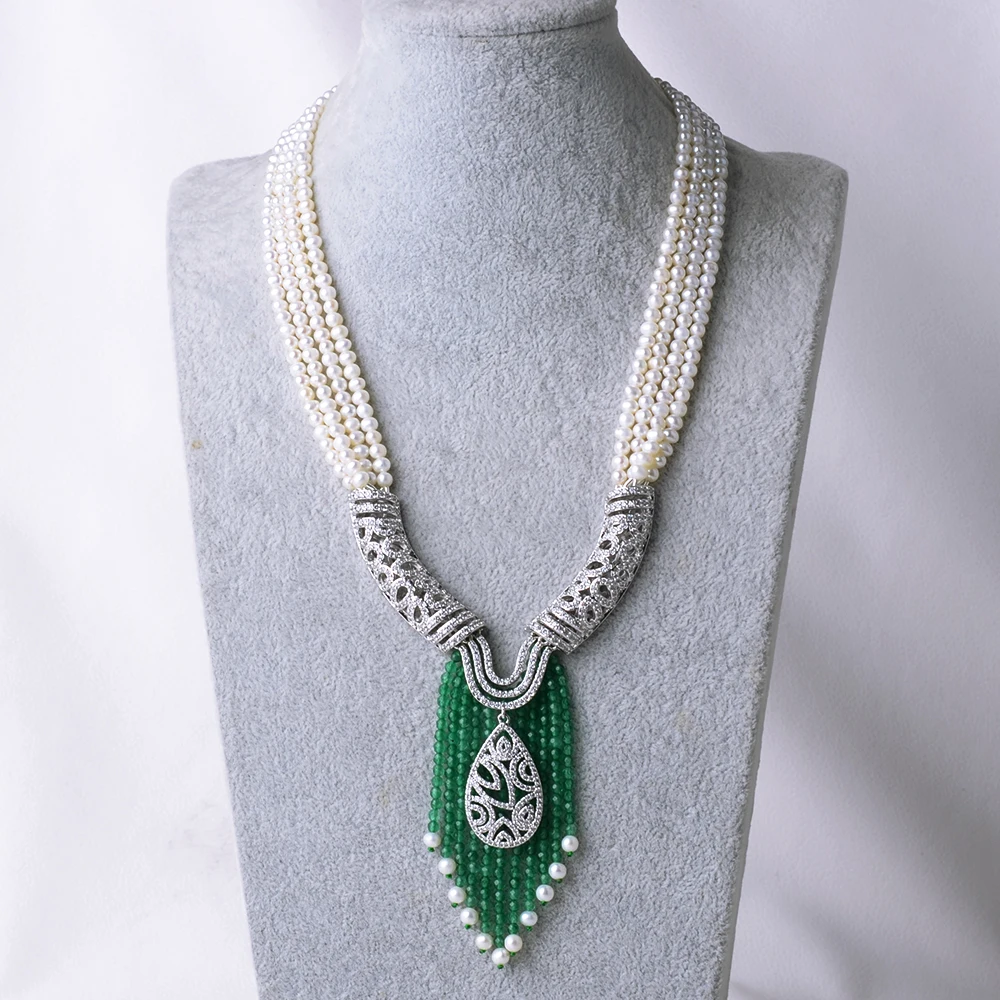 20'' 4 Strands White Pearl Freshwater Statement Necklace CZ Pave Green Jade Pendant