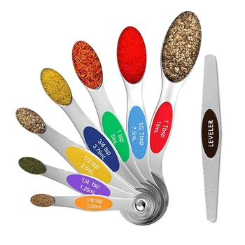 

Magnetic Measuring Spoons Set, Stainless Steel Measuring Spoon 8 of Set with Leveler, Dual Sided Magnetic Measuring Spoons for D