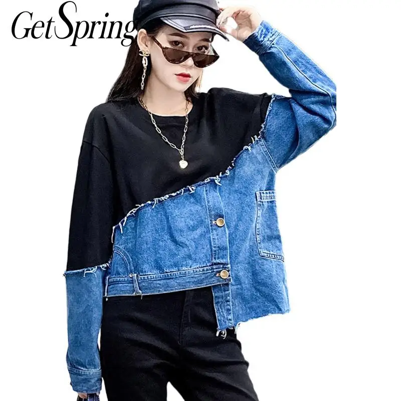GetSpring Женская толстовка с капюшоном джинсовые Сращенные Хлопковые женские