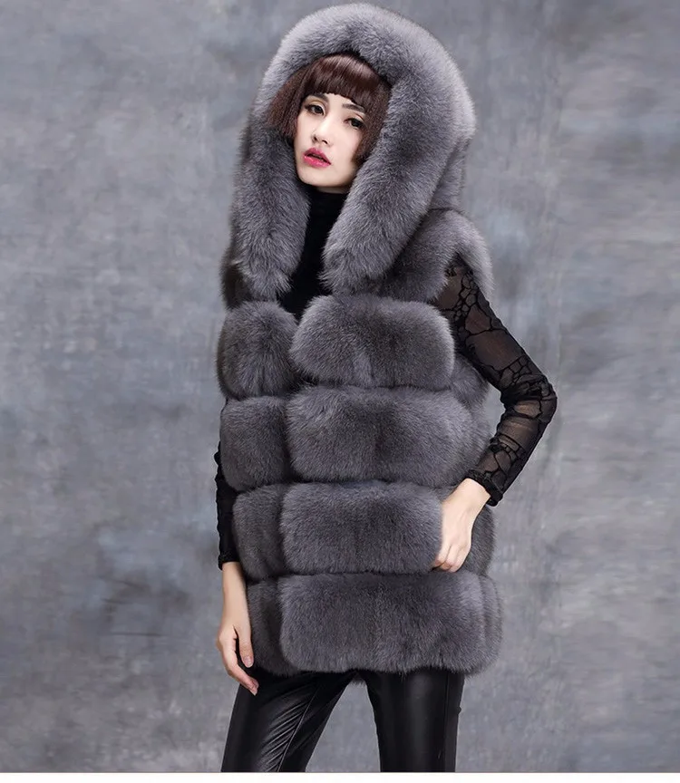 Women Long Faux Fox Fur Vests Female Stylish Winter Autumn Hooded Fur Waistcoats Large Size S-4Xl