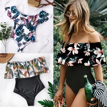 2018 sexy um pedaço maiô clássico fora do ombro das mulheres banho babado monokini retro preto bodysuit vintage meninas(China)