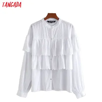 

Tangada women ruffle embroidery white cotton shirts long sleeve solid o-neck elegant office ladies work wear blouses CE232