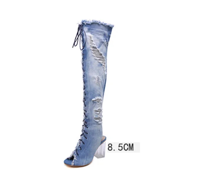 WEIQIAONA New Autumn crystal thick with denim boots high heel fish mouth strap nightclub Party Shoes Wedding Shoes Sandals Boots