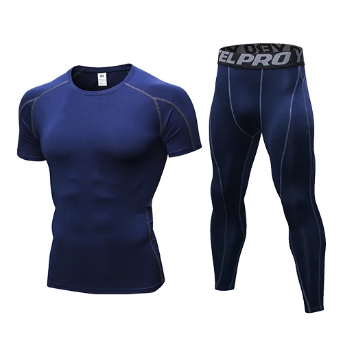 navy blue 2 шт., компрессионный Быстросохнущий облегающий спортивный костюм для мужчин, тренировочный фитнес, футболка с коротким рукавом и длинные штаны, комплект, спортивный костюм - Цвет: navy blue