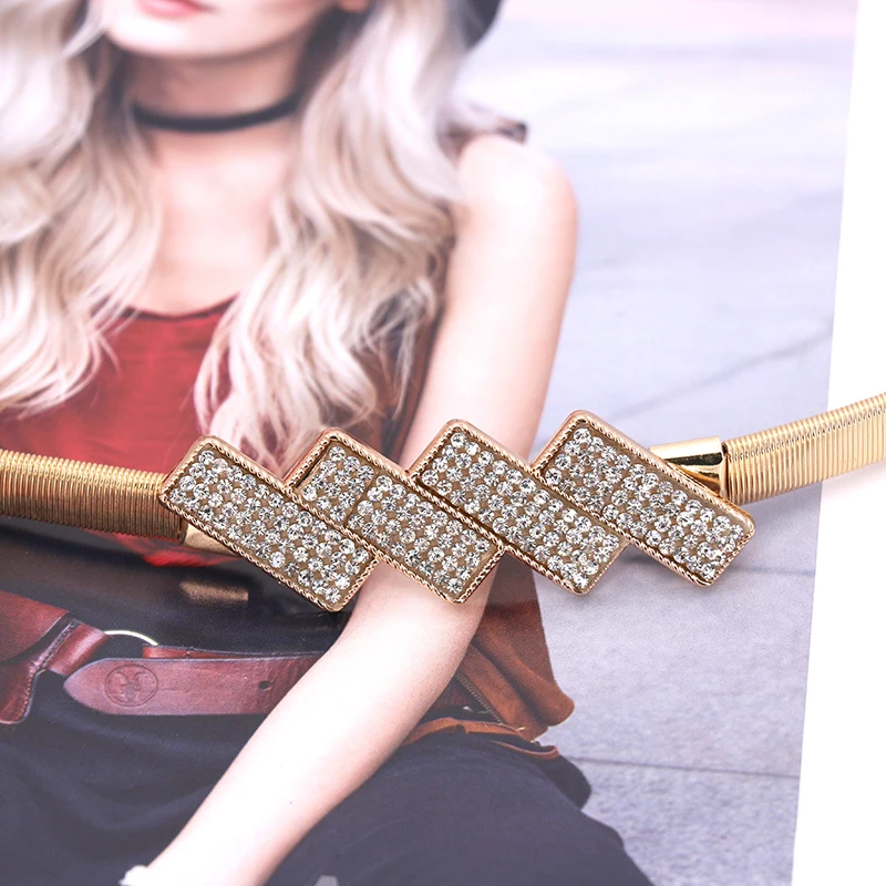 New Silver Gold Metal Belt Double Ring Imitate Rhinestone Lady