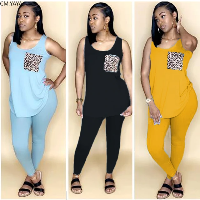 2020 Women Two Pieces Sets Summer Tracksuits Sleeveless O-Neck Tops+Pants Suit Sporty Fitness Leopard Outfits 2 Pcs Street G8221 1