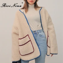 RICININA, женское плюшевое пальто, зимняя куртка, негабаритный карман, пэчворк, шерсть, женские пальто и куртки, Весенняя повседневная женская верхняя одежда