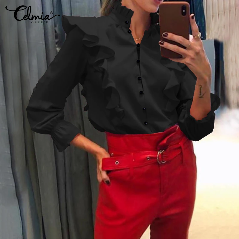 

Women Fashion Shirts Plus Size Tops Celmia 2019 Autumn Long Sleeve Ruffles Blouse Casual Loose Stand Collar Elegant Party Blusas