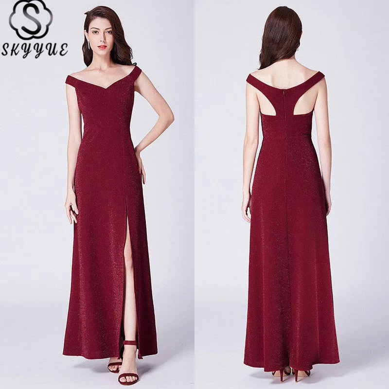 

Skyyue 2019 Sleeveless V-Neck Formal Dresses Evening Gown Split Wrap Off Shoulder Evening Gown Cut-out Robe De Soiree C452