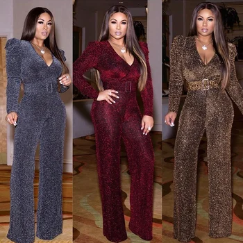 

High Stretch Nylon Shiny Gold Casual Jumpsuit Women Sexy V Neck Long Sleeve Romper Wide Leg Pants Party Overalls African Clothes