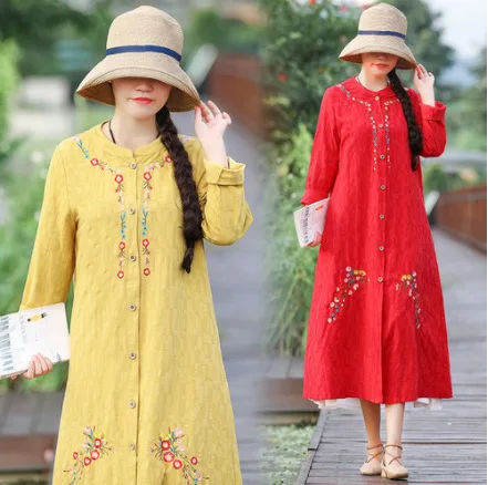 Autumn Clothing New Style Jacquard Embroidered Cotton Linen Retro Cardigan Elegant Large Size Mid-length Women's