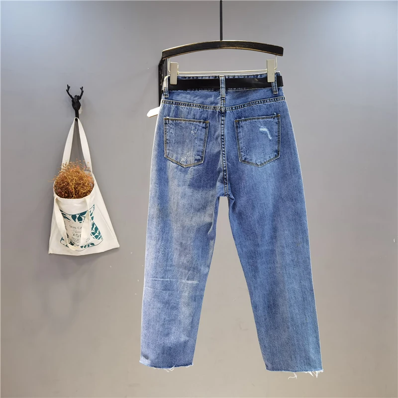Spring New Fashion Fringed High-Waist Jeans for Women Super Fire Ripped-Style Mom Jeans Simple Village Jeans