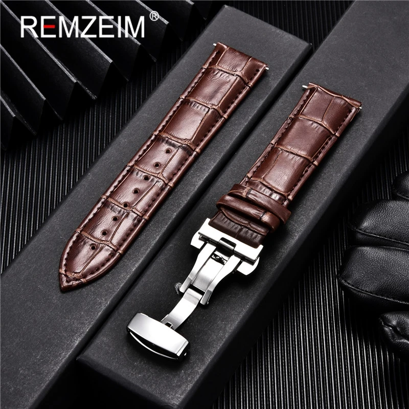 Embossed Genuine Leather Strap with Automatic Butterfly Buckle - Business Watchband