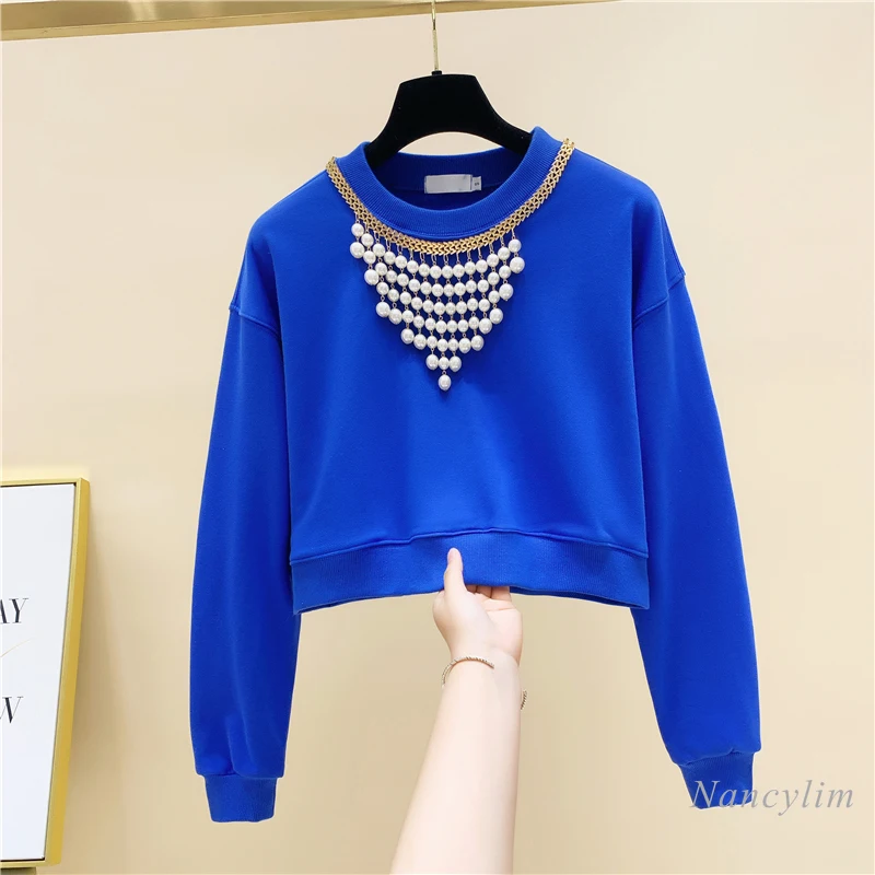 

Hoodie Women Beads Pullover Short Design 2020 Autumn and Winter New Korean Style Loose Pullover Sweat Shirt Blue