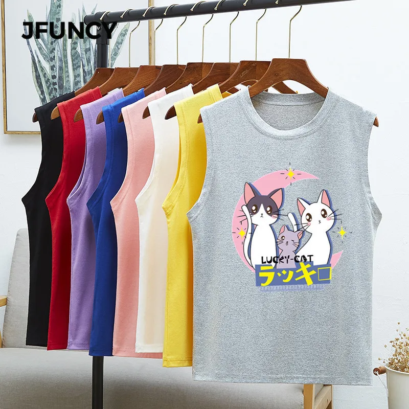 

JFUNCY 8 Colors Plus Size 2020 Summer Women Vest Tops Sleeveless Woman T-shirt New Printing Korean Oversize Female T Shirt
