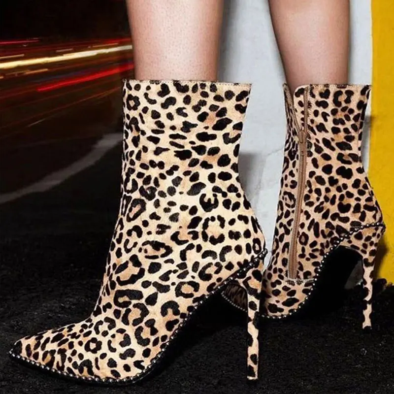 

TINGHON Sexy Leopard Ankle Boots for Women Punk Rivets Sock Boots Women Pointed Toe High Heel Women Boots
