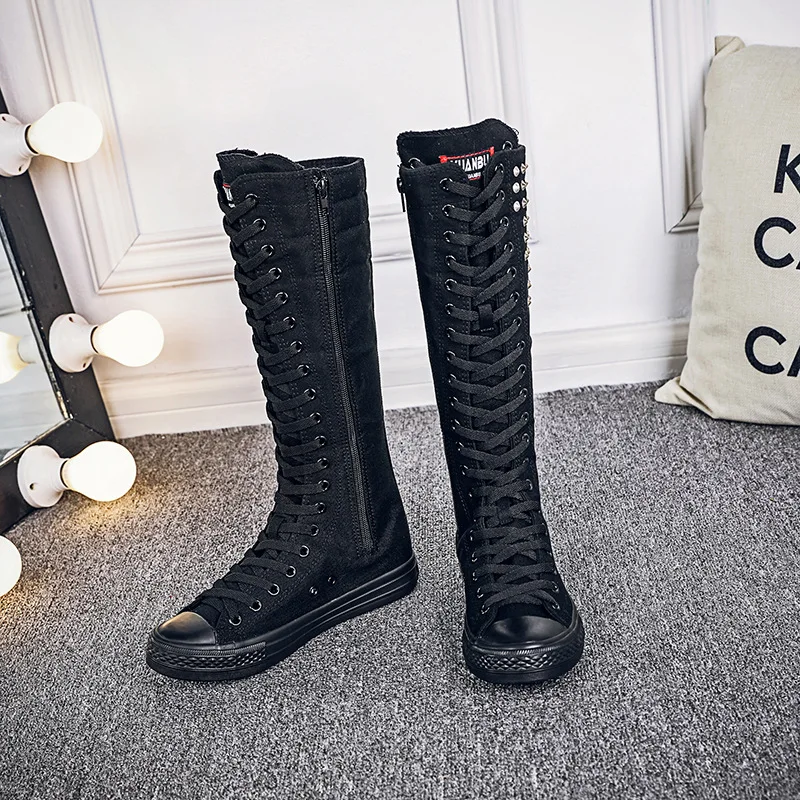 New Spring Autumn Women Shoes Canvas Punk Casual High Top Shoes Long Boots Lace-Up Zipper Comfortable Flat Boots Sneakers