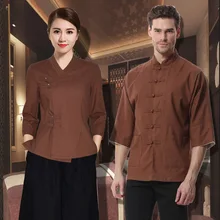 Новое поступление, с рукавом «три четверти» кофейно-коричневый Блузка+ широкие брюки комплект со штанами мужская униформа для сотрудниц спа-салонов отель Ретро Повседневная обувь красота наборы для ухода за кожей