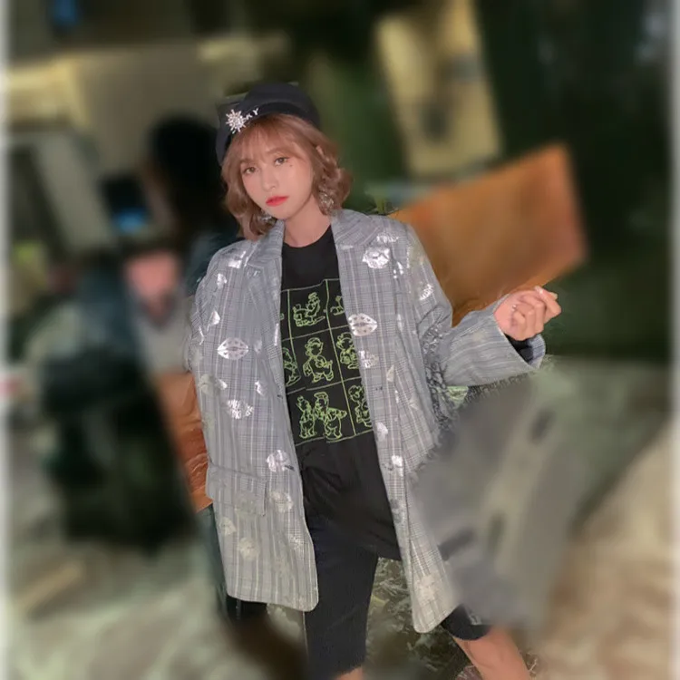 Bonjean/Женская куртка с принтом; коллекция года; осенняя одежда; Chaqueta Mujer; полосатые длинные блейзеры с одиночной пуговицей; Серый Блейзер; пальто; BJ1747