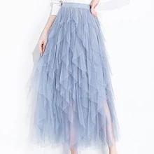 Юбка-пачка из тюля, Женская длинная юбка макси, Корейская Милая синяя серая плиссированная юбка с высокой талией, юбка из тюля для школьниц