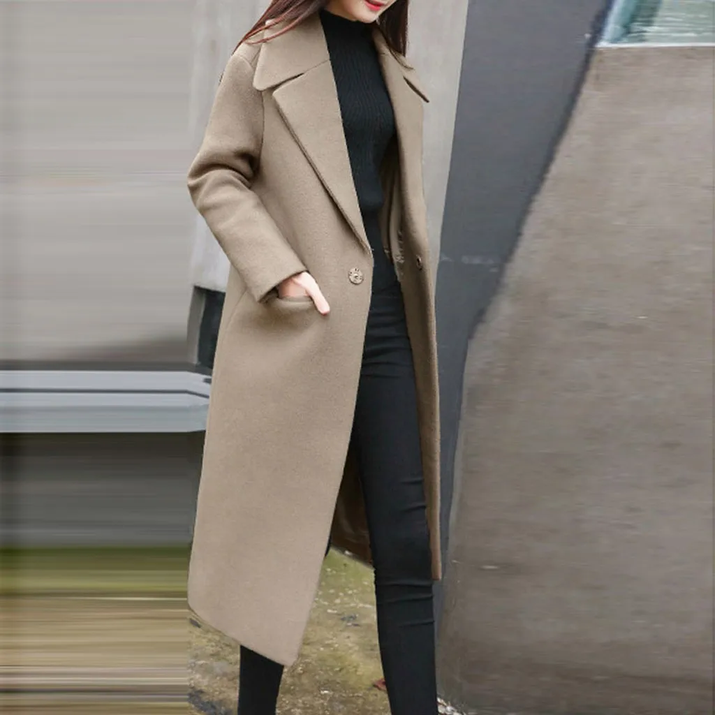 Feitong/зимнее женское однотонное винтажное зимнее офисное шерстяное пальто с отложным воротником и длинными рукавами