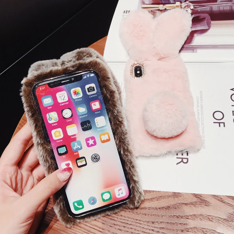 SUYACS теплый кролик кожаный чехол для телефона для iPhone 11 Pro Max XR XS Max 6 6S 7 8 Plus X 5 5S SE мультяшный мягкий меховой чехол для телефона