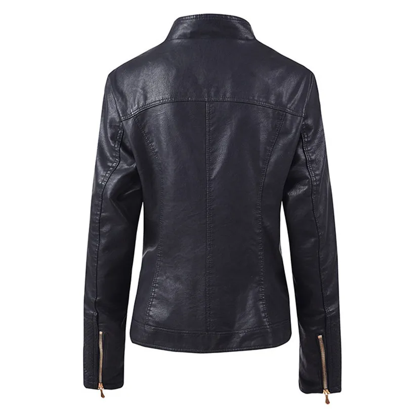 Женские кожаные куртки для езды на мотоцикле, стильное теплое пальто на молнии с воротником-стойкой, Женская однотонная приталенная куртка, модная верхняя одежда 9817