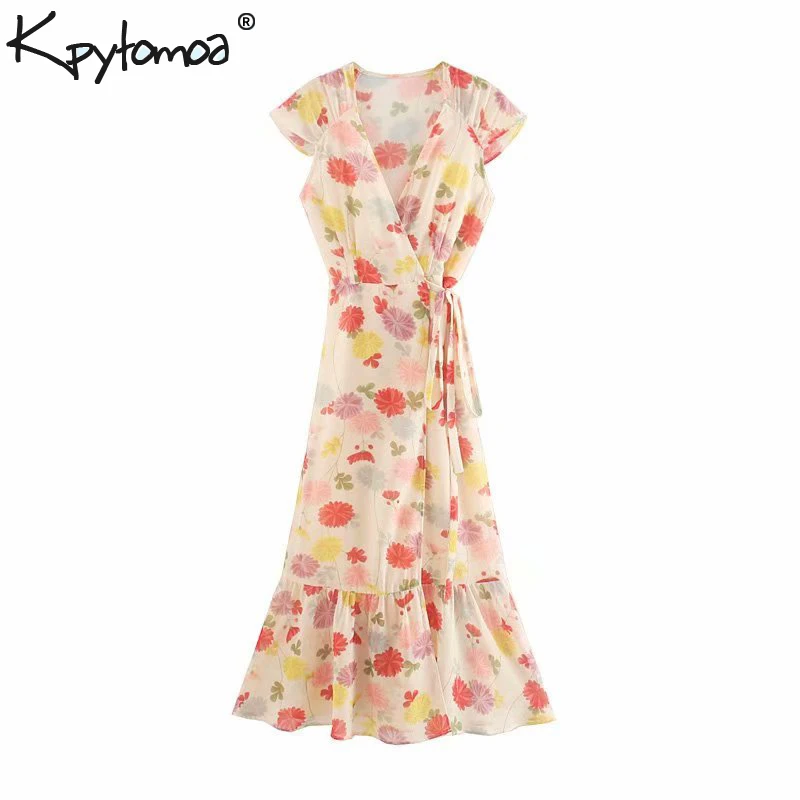 Vintage Elegant Floral Print Ruffles Wrap Chiffon Midi Dress Women Fashion Sleeveless Bow Tie Sashes Beach Dresses Vestidos