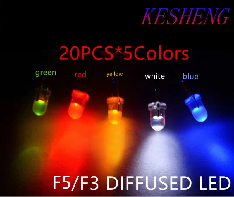 

100Pcs/lot 5 Colors F3/F5 5MM Round LED Assortment Kit Ultra Bright Diffused Green/Yellow/Blue/White/Red Light Emitting Diode