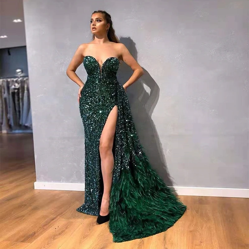 emerald green feather dress