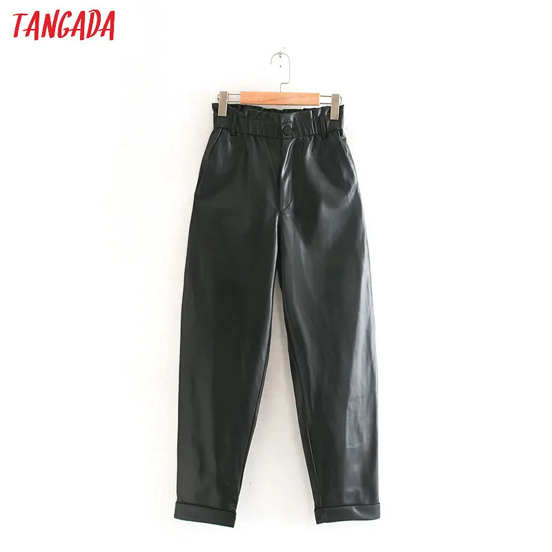 

Tangada women pleated high waist black PU leather harm pants female 2019 autumn winter vintage faux leather trousers 2W105