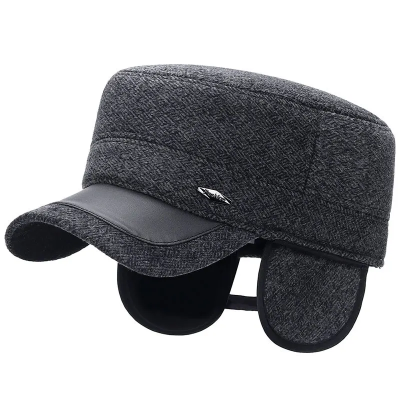 PU Flat Top Military Hats For Men Vintage Winter Cap Hats For Middle aged Men Outdoor Warm Cap