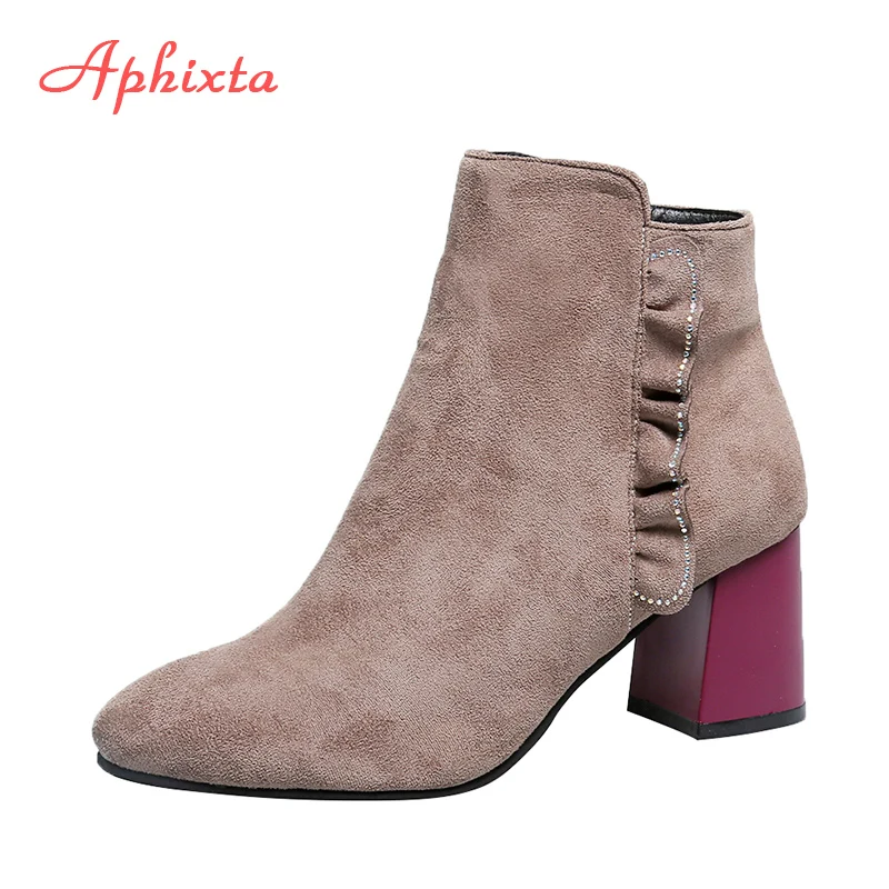 

Aphixta Bordered Women Ankle Boots 5.5cm High Heels Ladies Shoes Warm Autumn Winter Zipper Boots Mixed Colors Square Heel Shoes